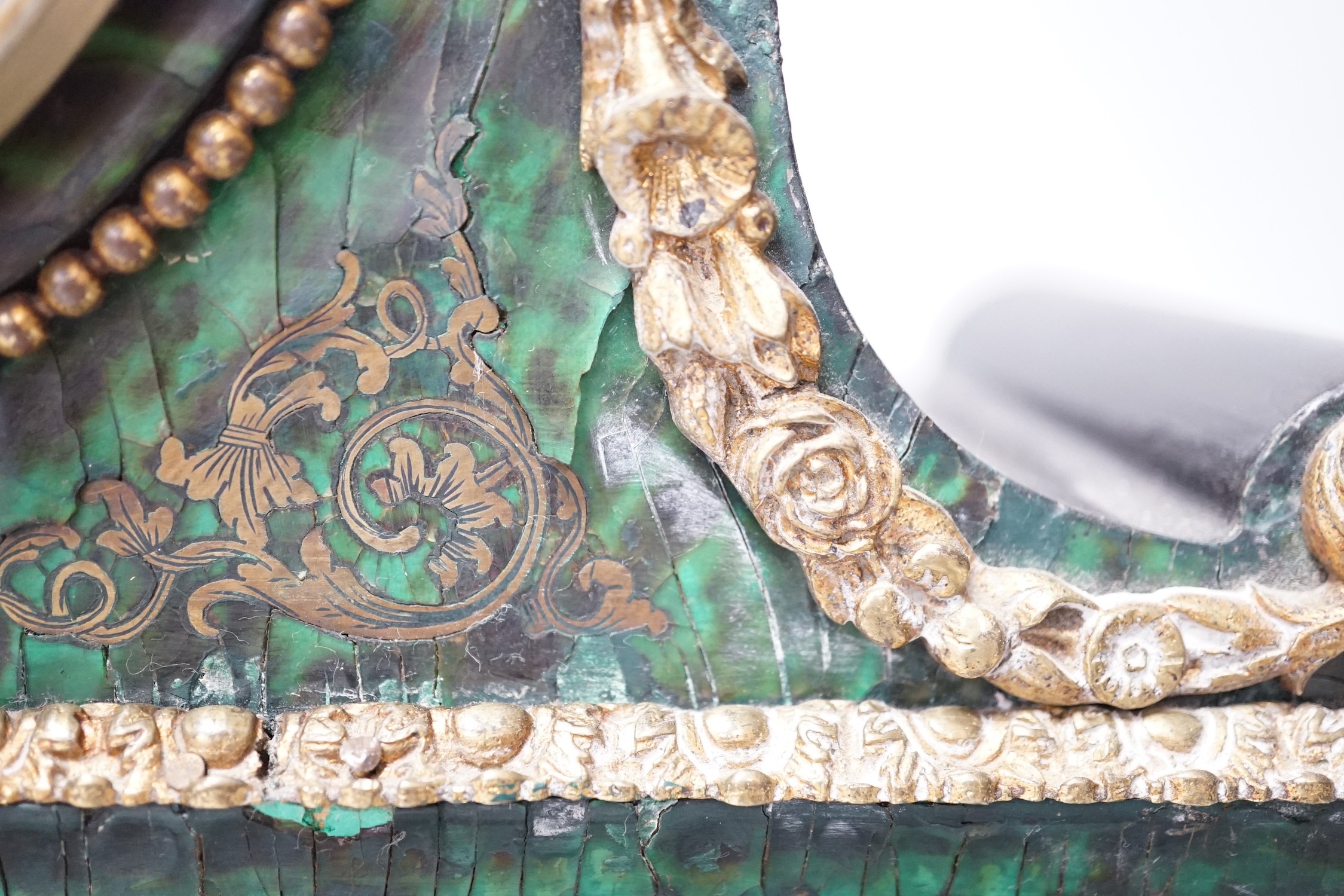 A 19th century French green Boulle work mantel clock. 41cm wide